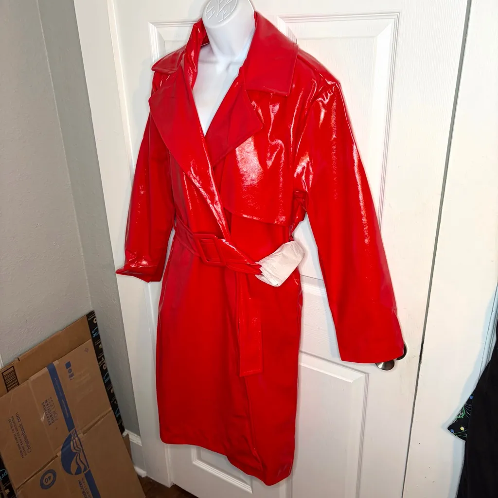 Torn by Ronny Kobo Cherry Red Regina Faux Leather Trench Coat Belted M NWT - Image 7