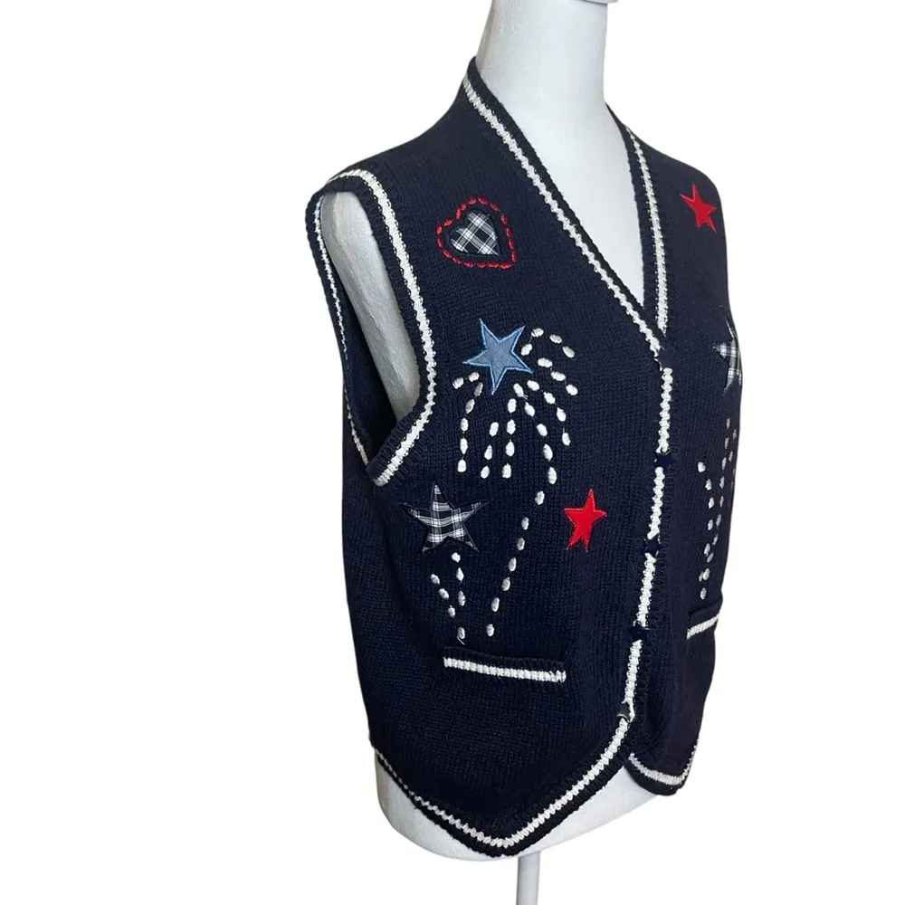 Vintage Robin Sinkler Fireworks Stars Knit‎ Embroidered Vest Medium Patriotic Blue - Image 3