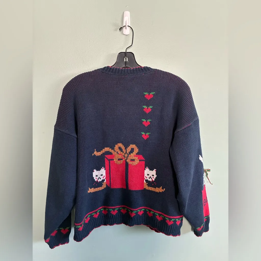 VTG the Loft Festive Holiday Christmas Cat Cropped Sweater Cardigan Sz M Blue Size M - Image 4