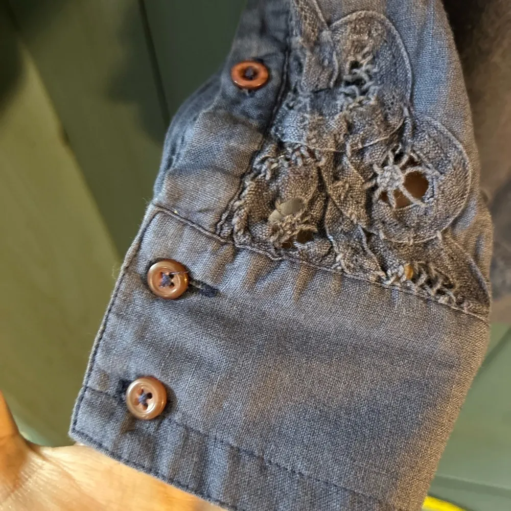 Blue Button-Down Shirt with Lace Detail | Size 0 - Image 3