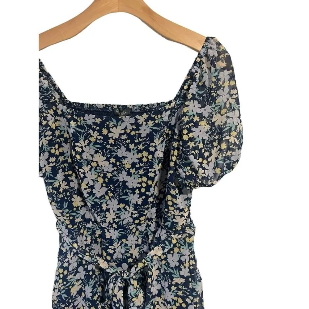 Lily Rose Mini Dress Womens XL Floral Blue Cap Sleeve Tie Waist Low Square Neck - Image 3