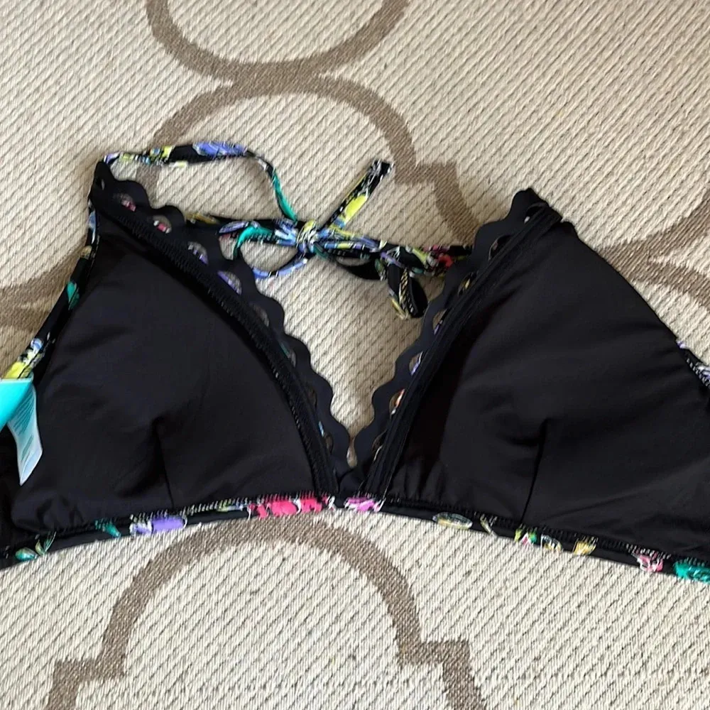 Coastal blue black floral bikini halter top - Image 7