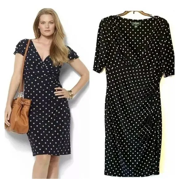 LAUREN RALPH LAUREN Womens Black Polka Stretch RuchedWaist Dress Size 14 - Image 2