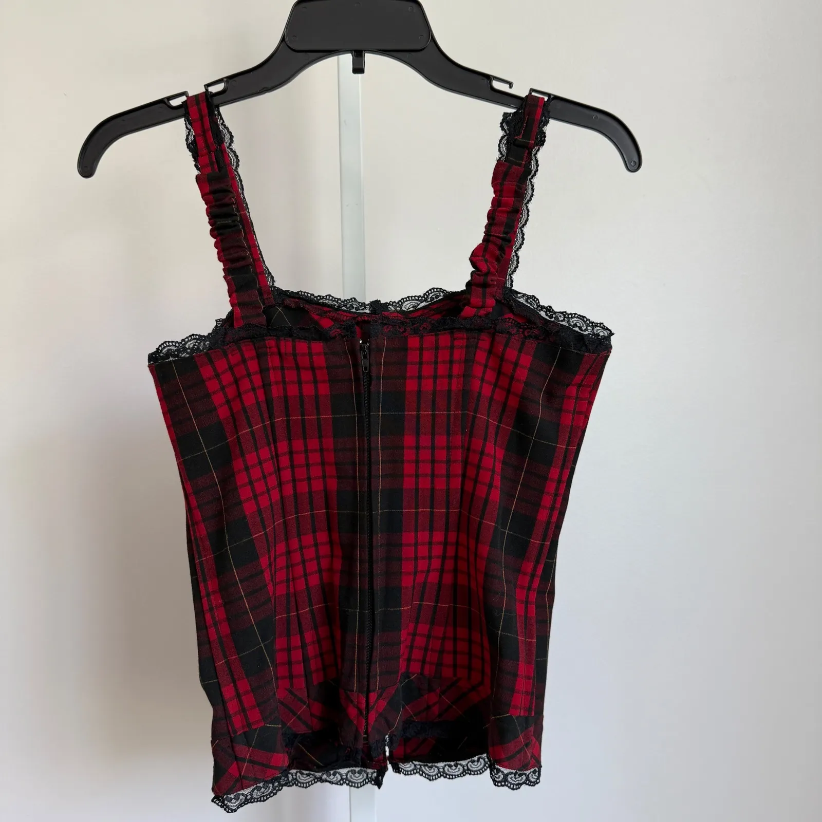 Niki Biki sz S Plaid Corset Tank Top Y2K Lace Trim Button‎ Front Bustier Red - Image 6