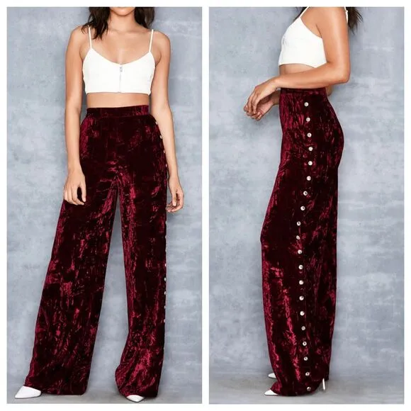 MISTRESS ROCKS Valiant Burgundy Crushed Velvet Side Snap Pants Small - Image 2