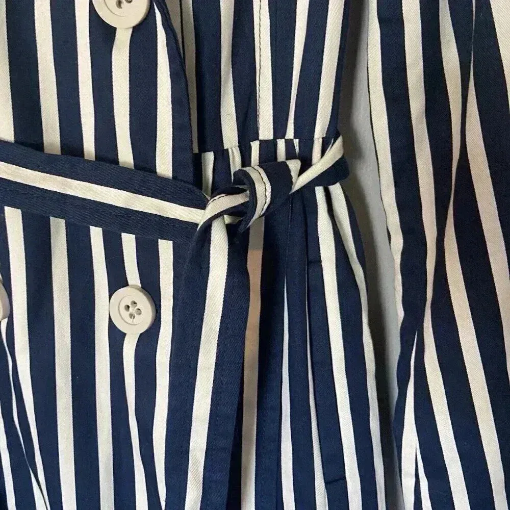Express Women's‎ S Blue White Striped Pleated Back Trench Coat Size Small Preppy - Image 3