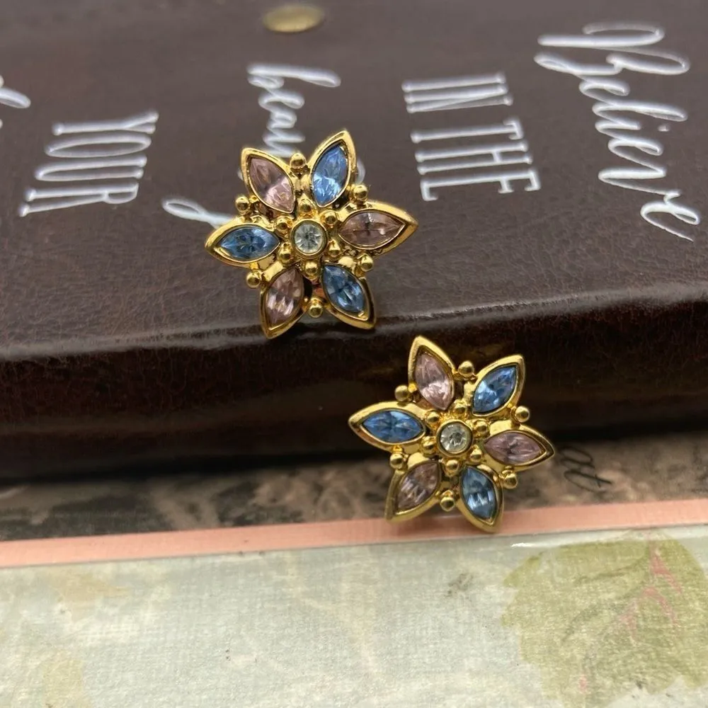 1960s Vintage Floral Crystal Earrings Gold Tone Blue Pink Holiday Retro Glam - Image 4