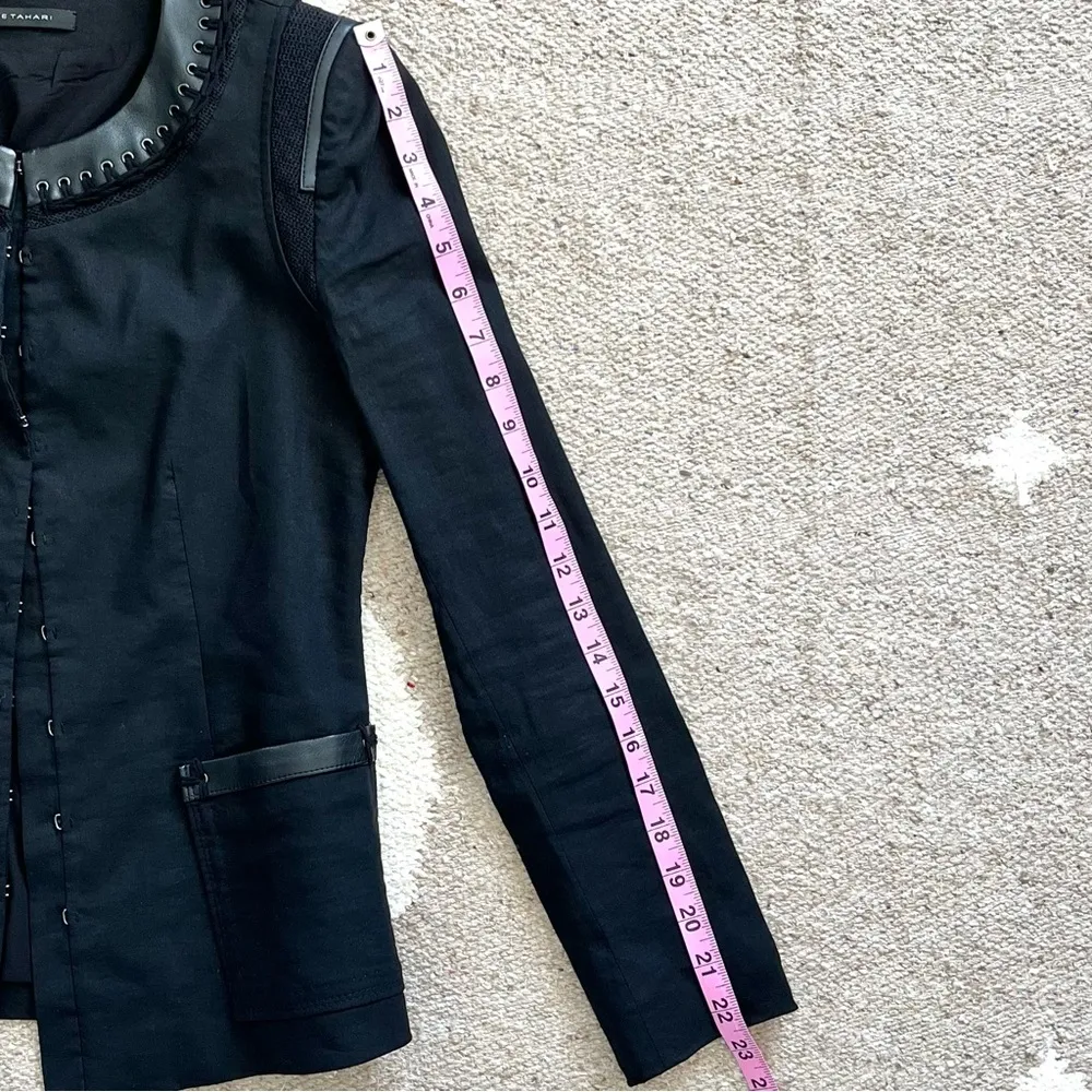 Elie Tahari Calista Black Linen Blend Faux Leather Trim Blazer Size 0 - Image 5