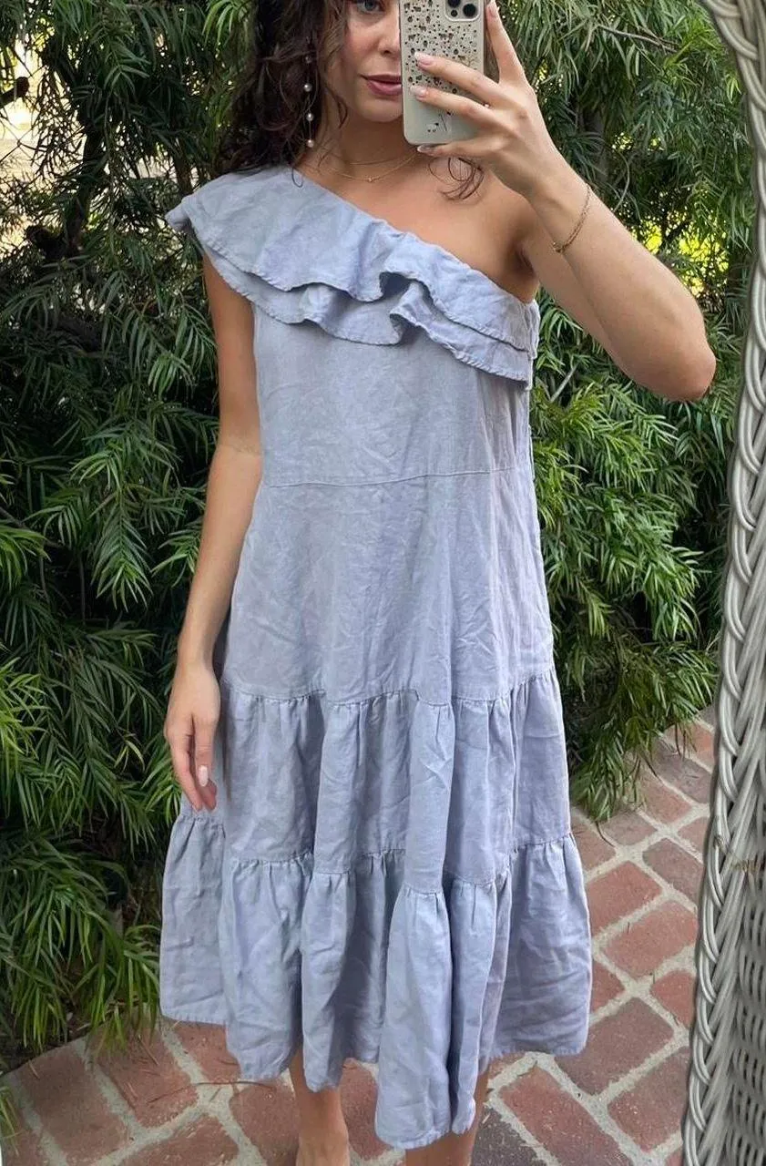 Nicole Miller Asymmetrical One Shoulder Linen Tiered Midi ruffle Dress size M / waist tie not included Blue Size M - Image 2