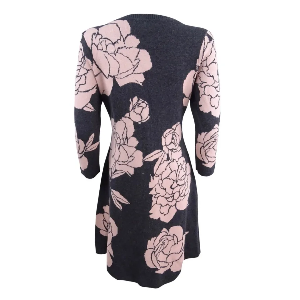 Calvin Klein Charcoal Fit & Flare Sweater Dress with Blush Florals Size Large - Image 2