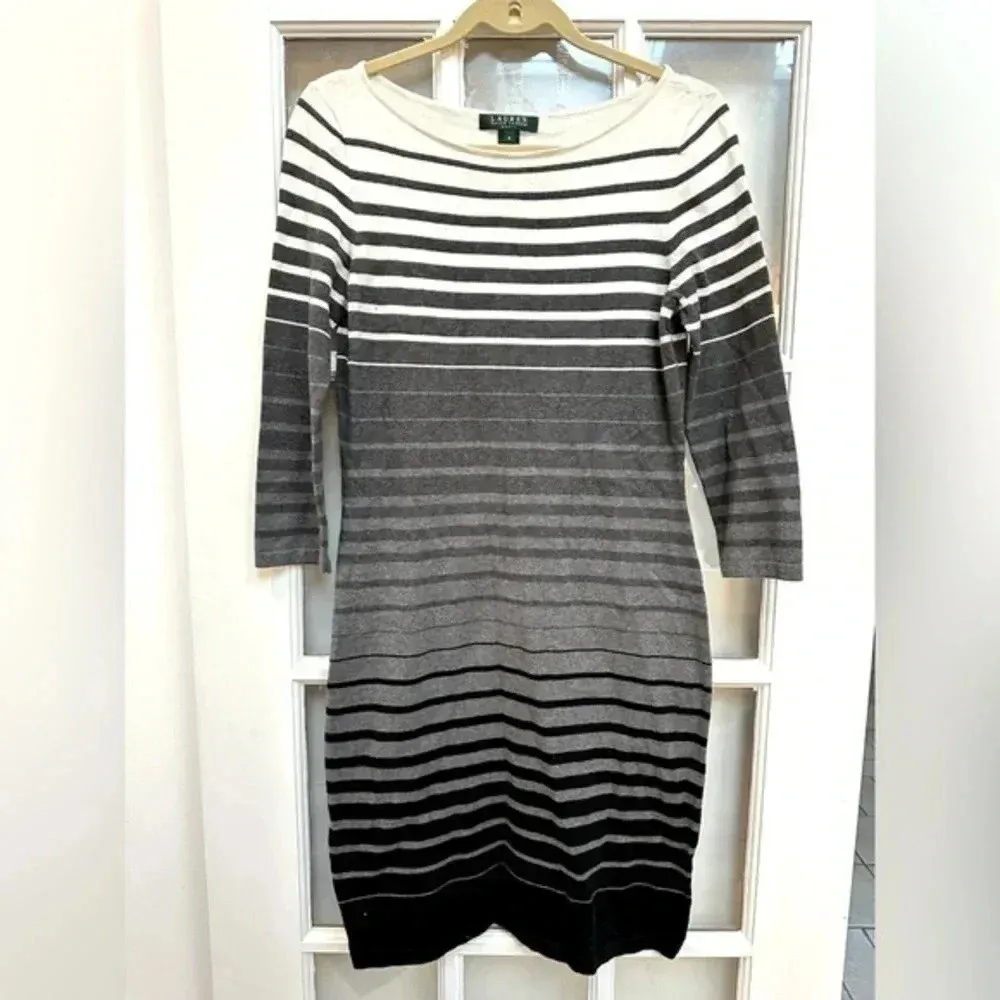 Lauren Ralph Lauren Ombre Grey White Black Striped Sweater Midi Dress Size Med M - Image 3