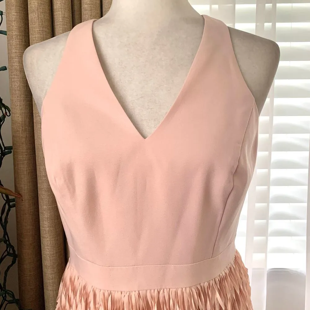 Aidan Mattox V-neck Sleeveless Crepe Fringe Skirt Mini Dress in Blush Pink - Image 3