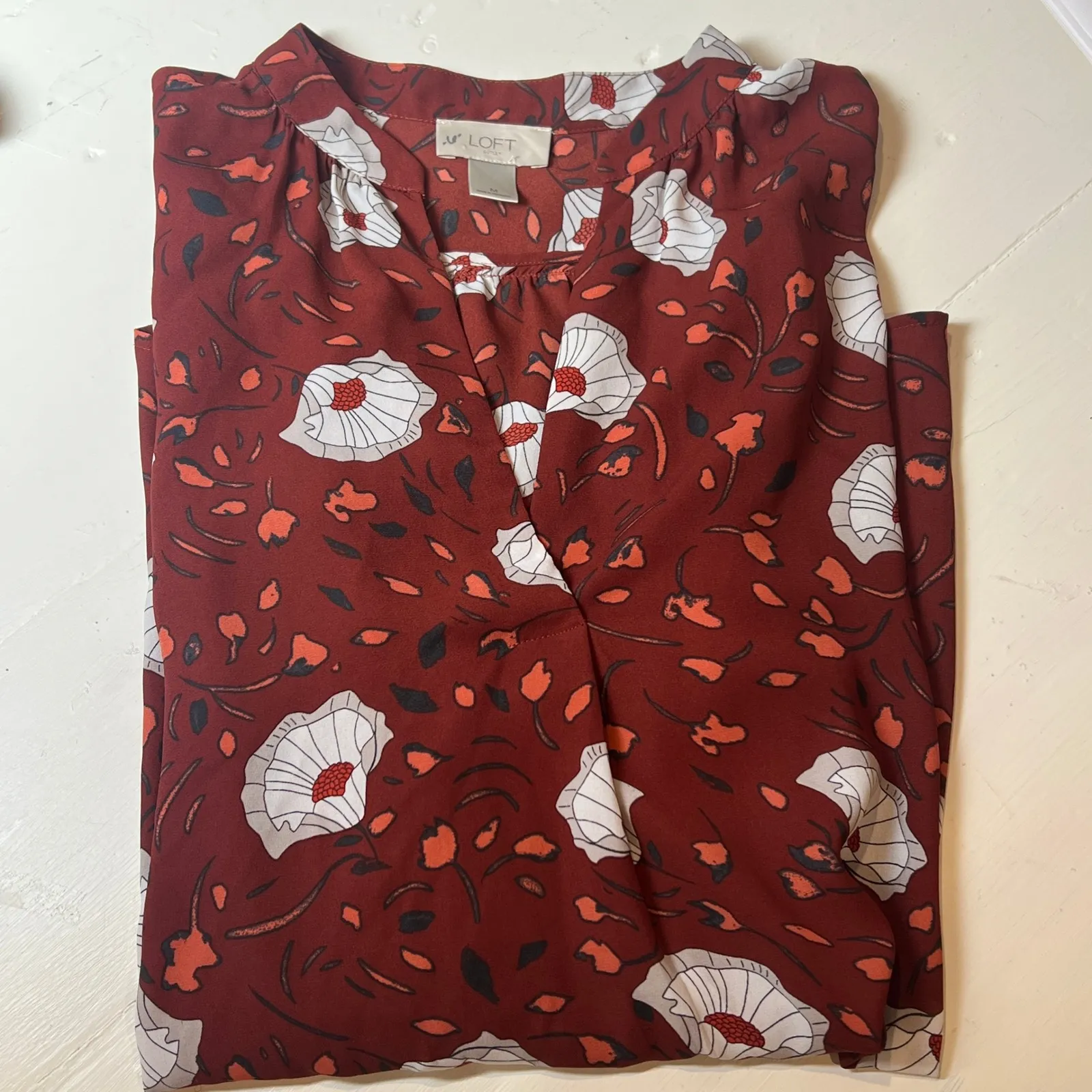 LOFT Outlet Women's M Red Floral Long Sleeve Blouse Polyester Chiccore Workcore - Image 3