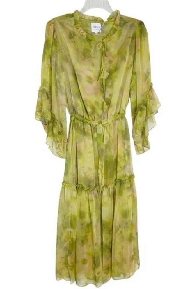 MISA Marcele Chartreuse Abstract Ruffle Midi Dress Size XS NWT - Image 5