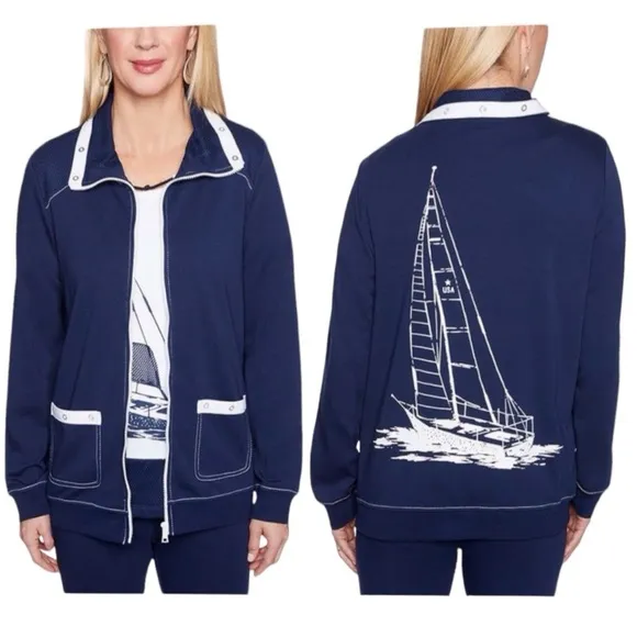 Alfred Dunner Sailboat Full Zip Jacket Nautical Americas Cup Navy Blue Petite 12 Size 12P - Image 2