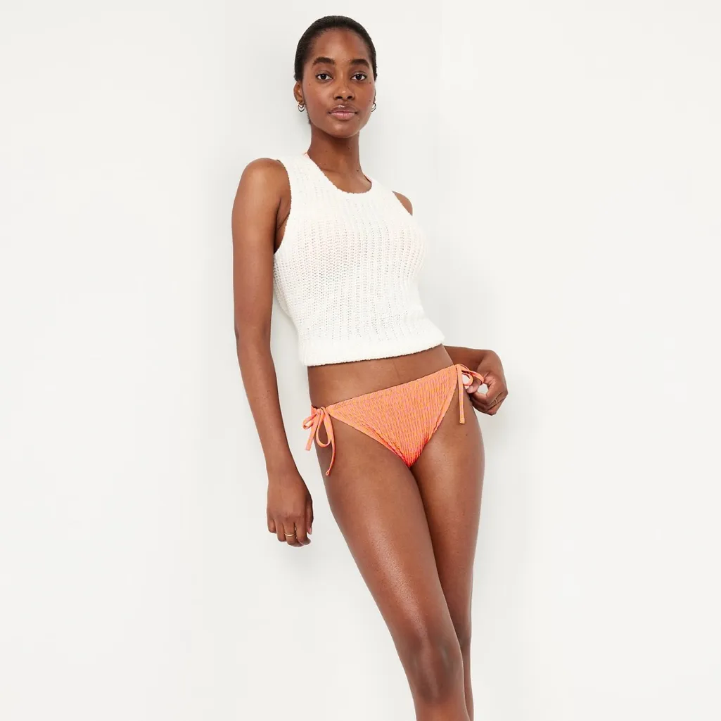 Old Navy Textured Smocked String Bikini Set Vibrant Orange‎ Pink Size Large - Image 2