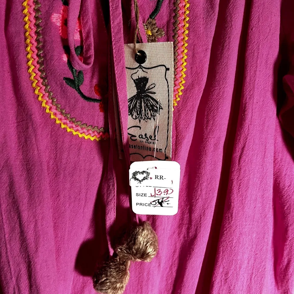 NWT Easel Pink Gauzy cover-up top blouse beachy embroidered tassels sz S NEW - Image 3