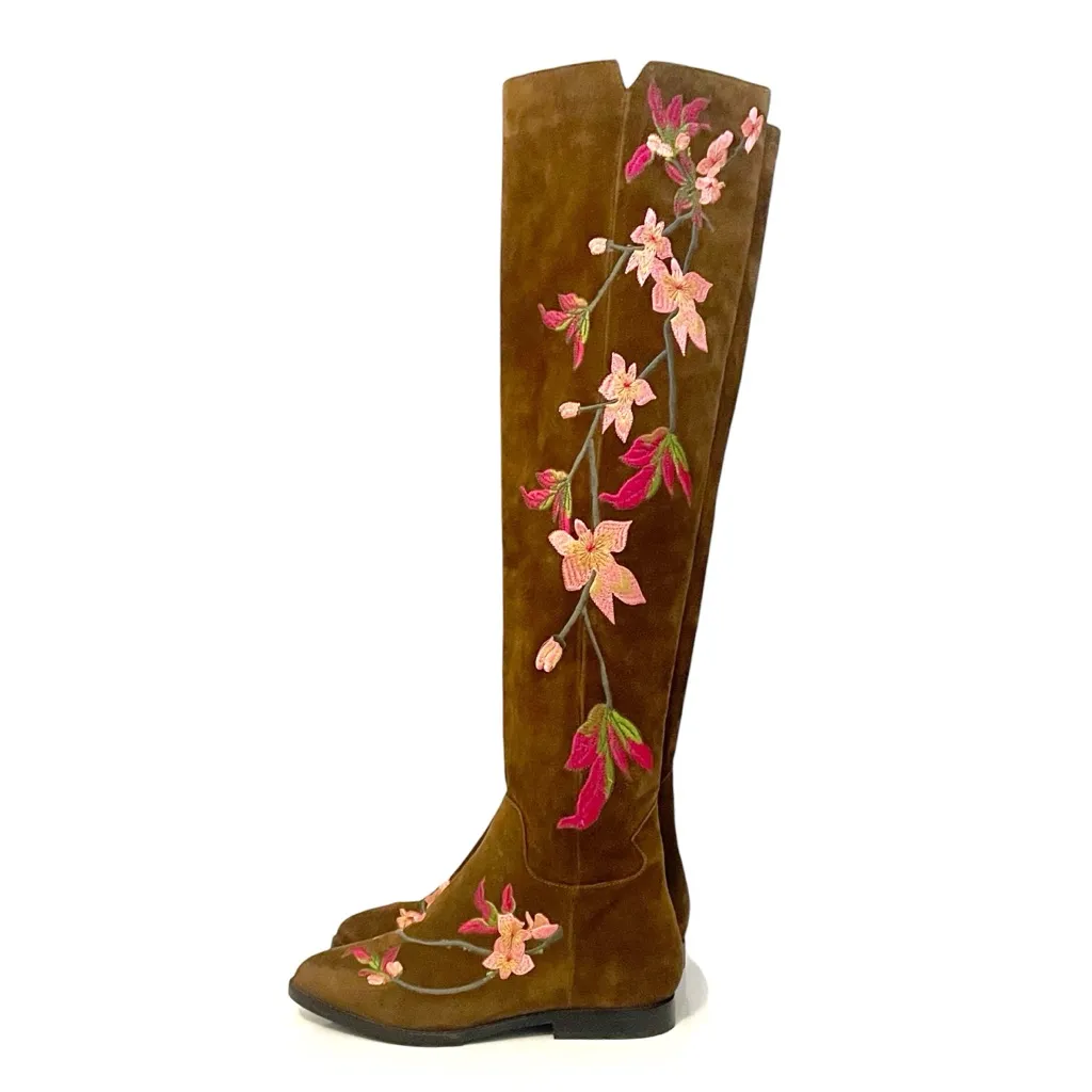 ASH Jess Russet Suede Over the Knee Boots Floral Embroidery Flat Riding EU 40 - Image 2