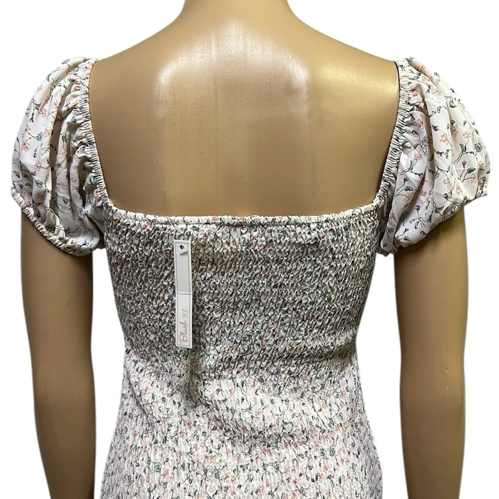 Blush BJ Bodycon Smocked Floral Puff Off Shoulder Keyhole Ruffle Mini Dress M - Image 6