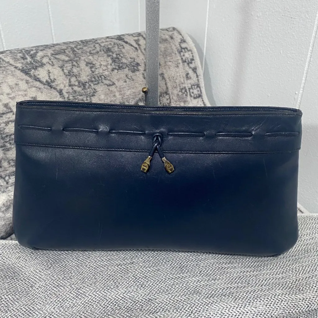 Vintage Etienne Aigner Navy Blue Leather Drawstring Clutch - Image 2