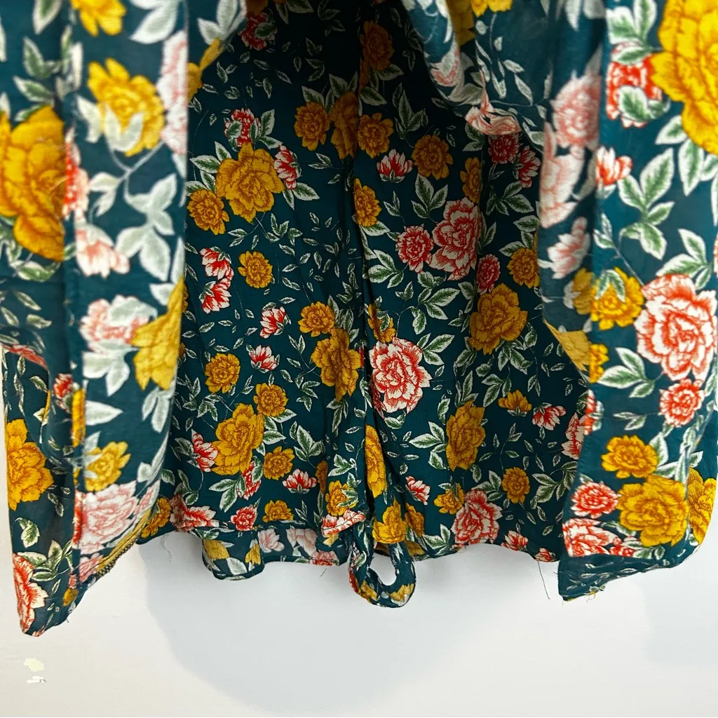 Zara Green/Yellow Floral Long Sleeve Romper w/ Green Velvet Ribbon Mini Size M - Image 8