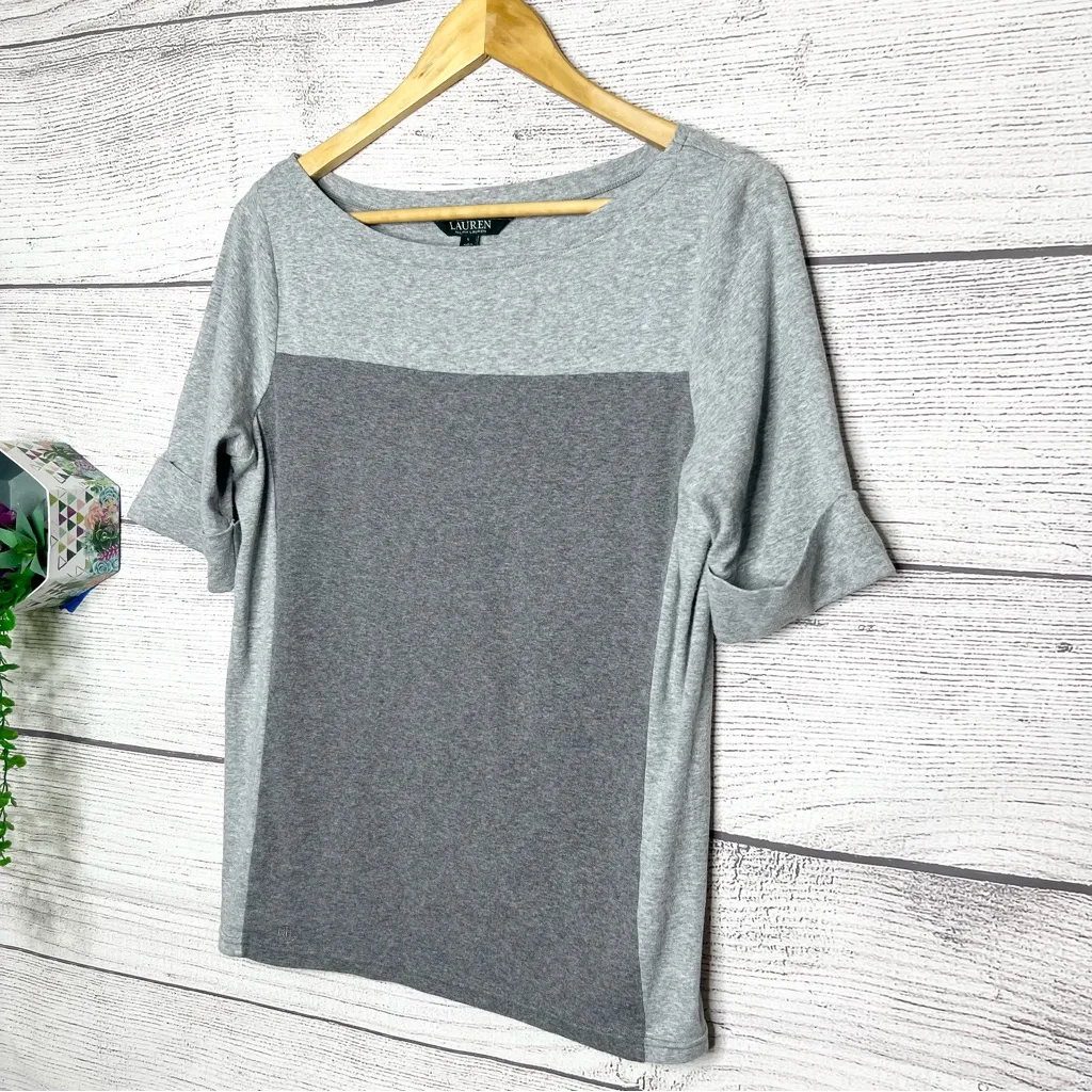 Lauren Ralph Lauren Two-Tone Gray Short Sleeve Casual T-Shirt Top Size Large - Image 2