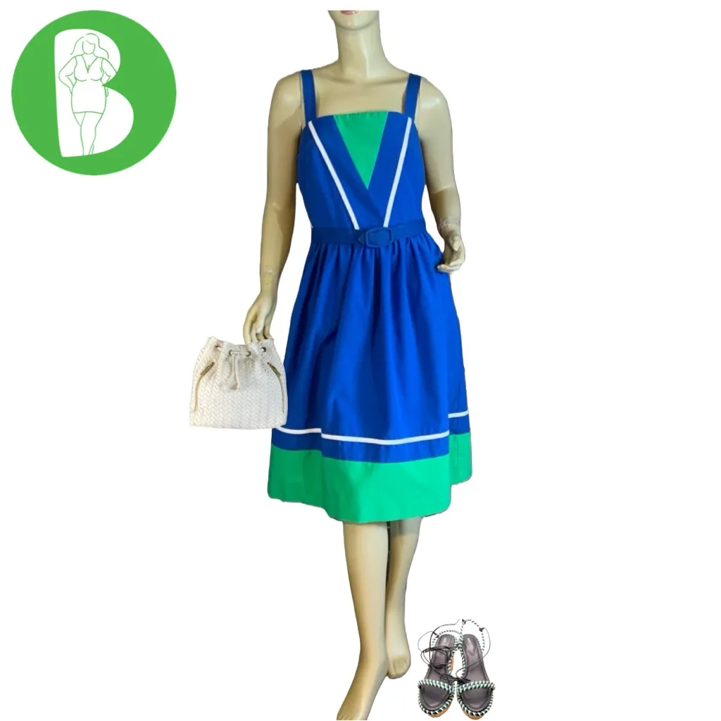 VINTAGE 1980'S JENNI BLUE, GREEN & WHITE COLOR BLOCK DRESS W/BELT (7/8/S) - Image 2