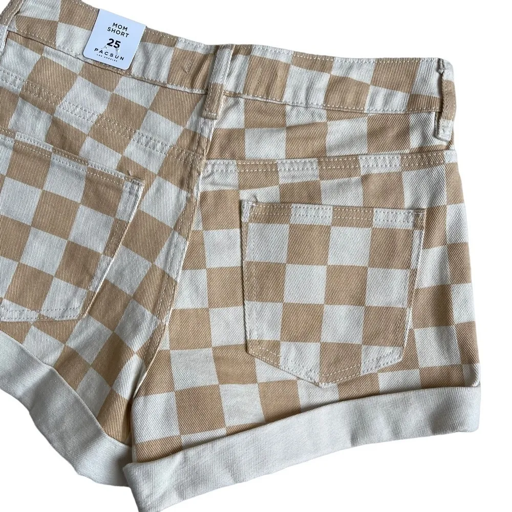 PacSun Women’s Checkerboard Mom Shorts Size 25 Tan Checker Denim High Waist - Image 9
