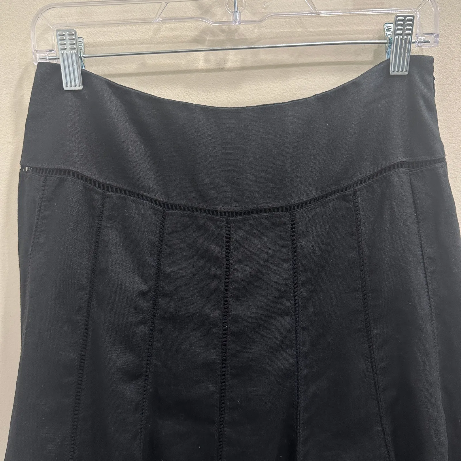 Jones New York Vtg Y2K Black Linen Eyelet Flared Gore Midi Skirt Academia Size 4 - Image 3
