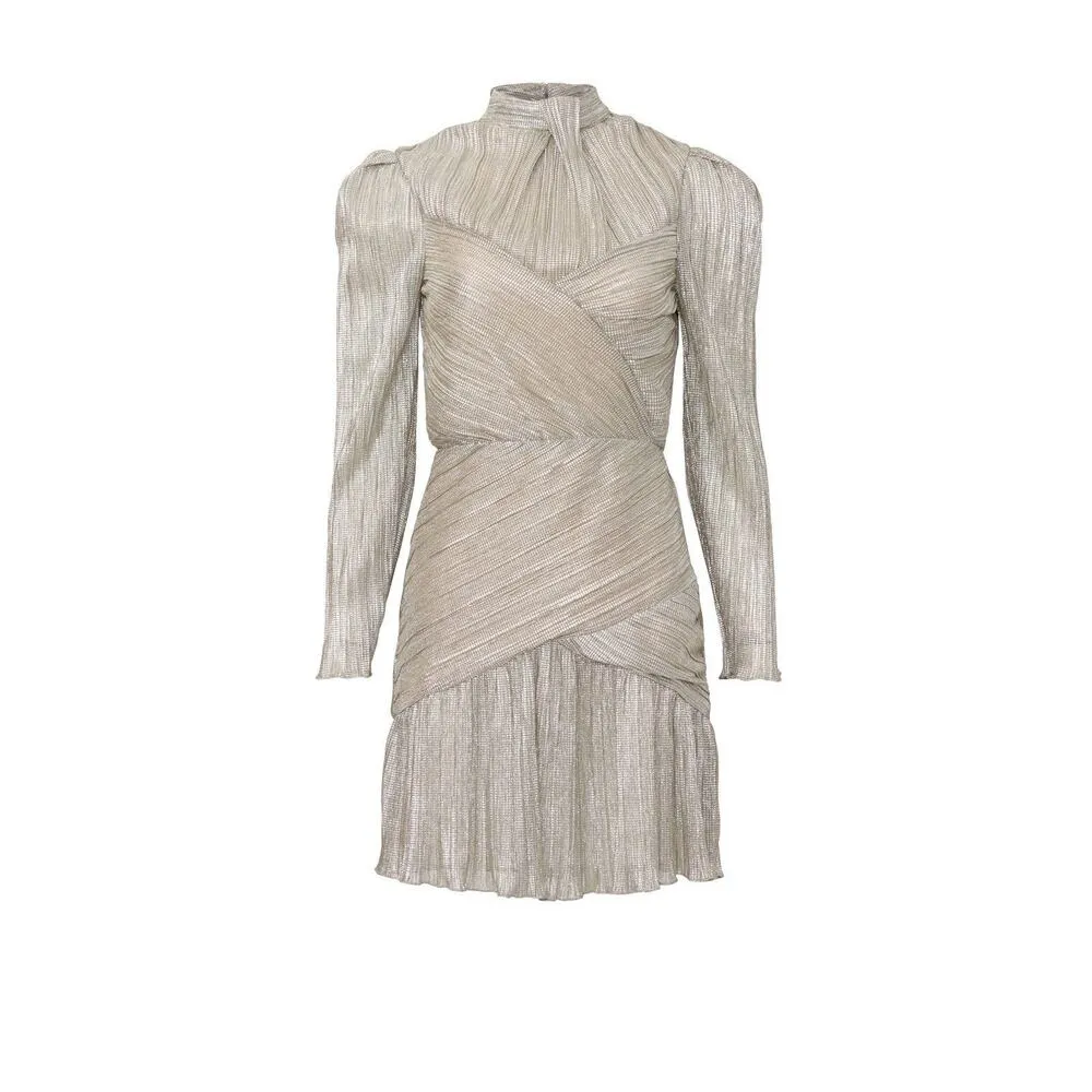 Saylor Saydee Silver Metallic Plisse Jacquard Mock Neck Party Mini Dress Size XS - Image 4