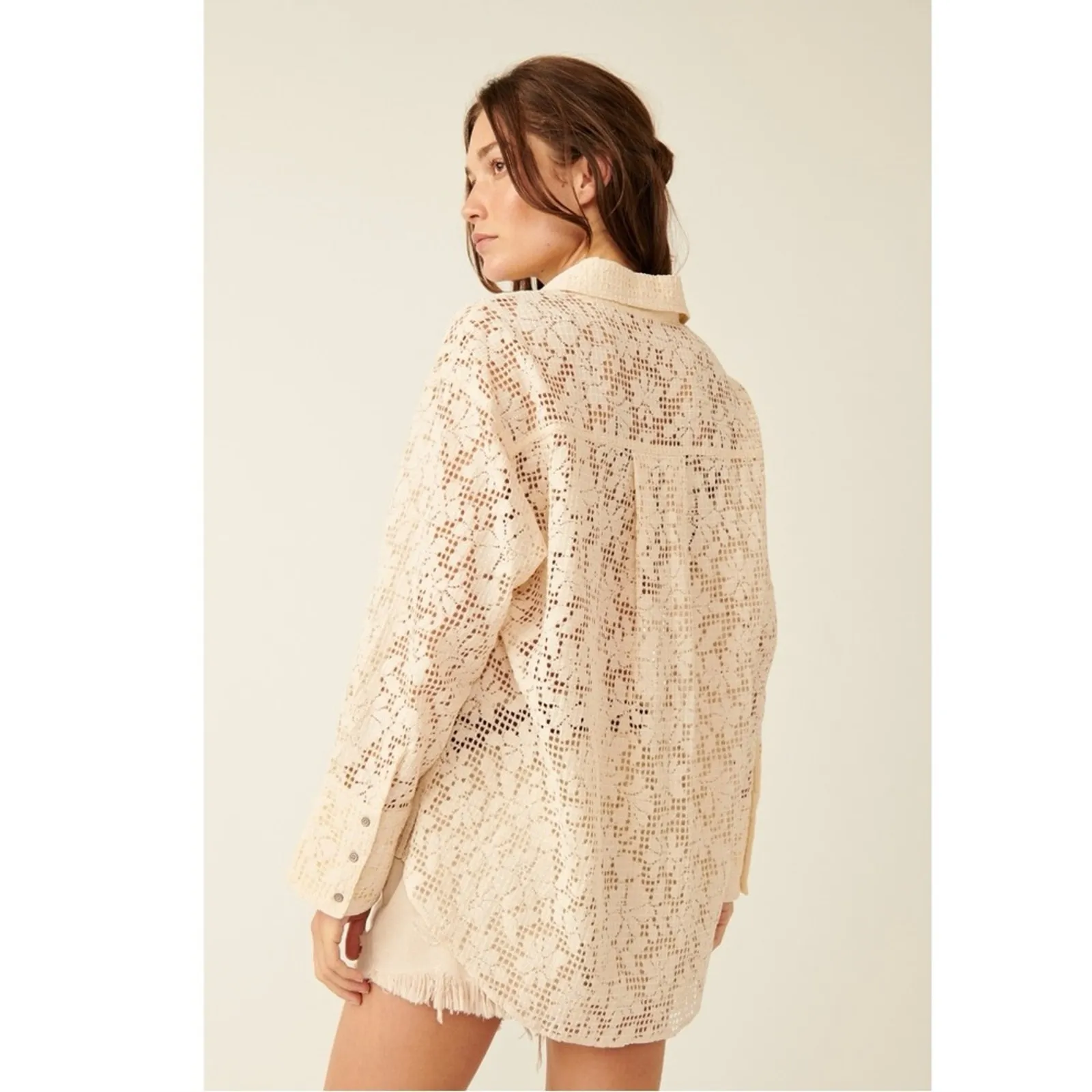 Free People Dainty Ethereal In Your Dreams Lace Button Down Shirt Ivory XL - Image 5