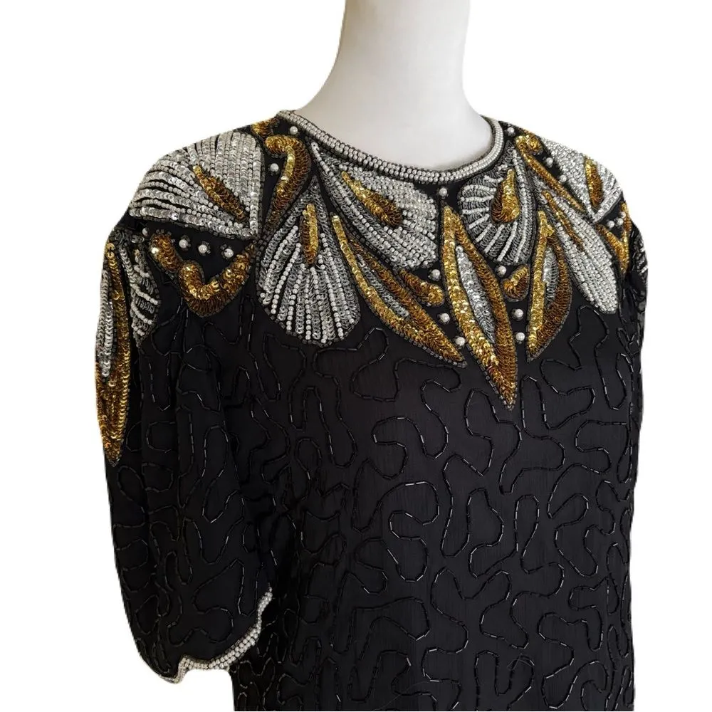 Laurence Kazar Black Beaded & Sequin Top | Silver & Gold Detail | Size M - Image 4