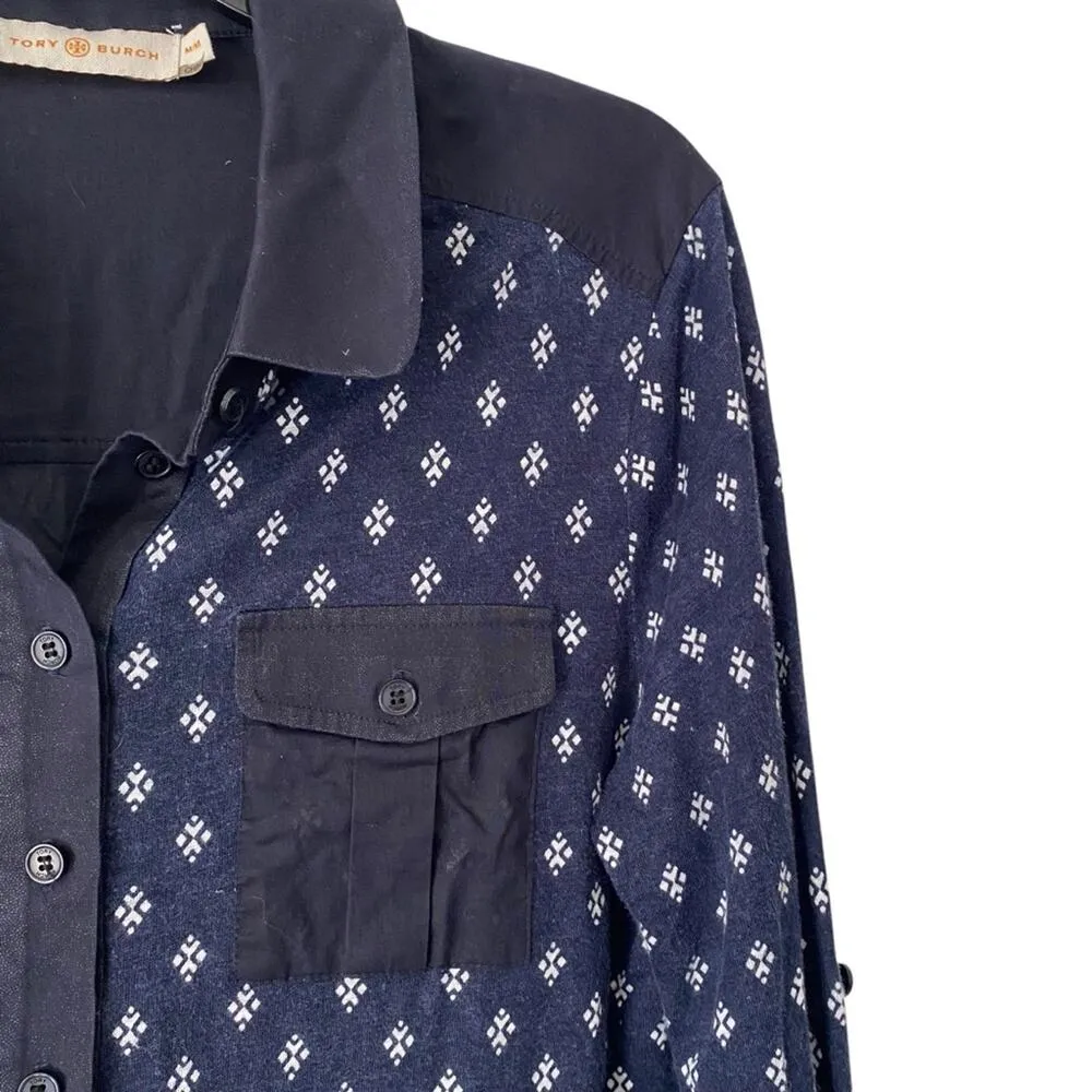 Tory Burch Linen Blend Navy Blue White Print Button Down Shirt size medium - Image 3