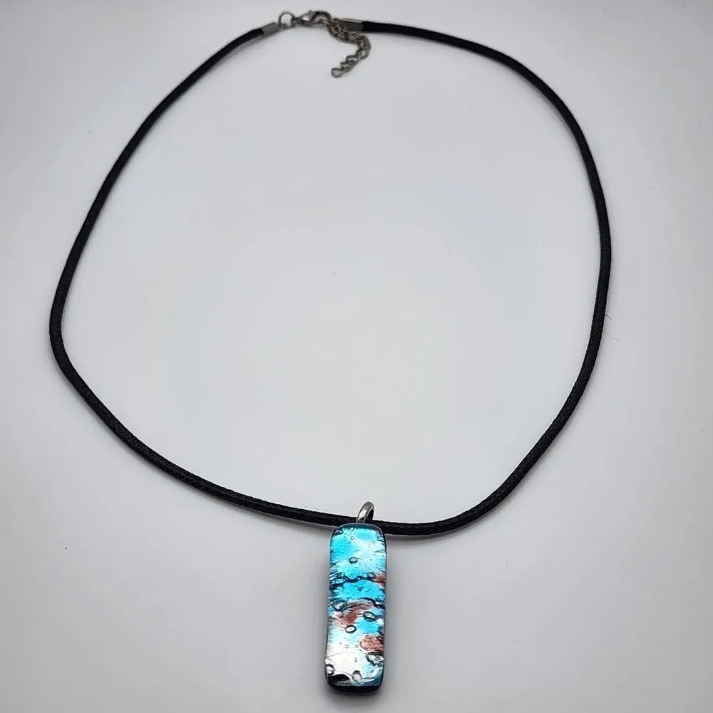 Murano Glass Blue, Silver, & Pink Pendant & Black Cord Necklace - Image 4
