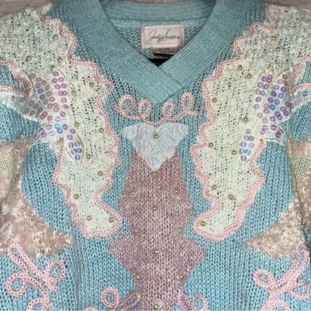 Jocelyn Smith VTG Pastel Goth Sequin Pearl Fairy Kei Cottagecore Sweater Medium Blue - Image 6