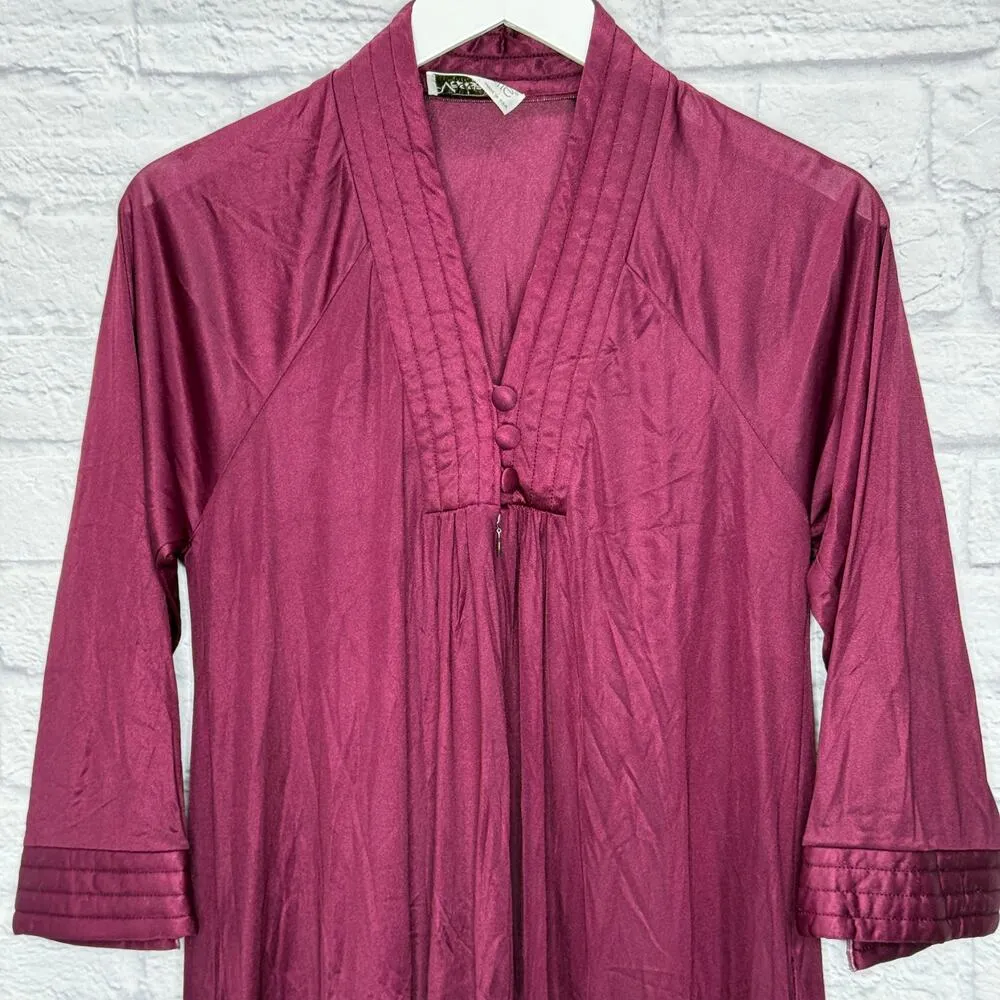 Vintage Vassarette 3/4 Sleeve Maxi Nightgown Size S Burgundy Purple Nylon Zip - Image 3