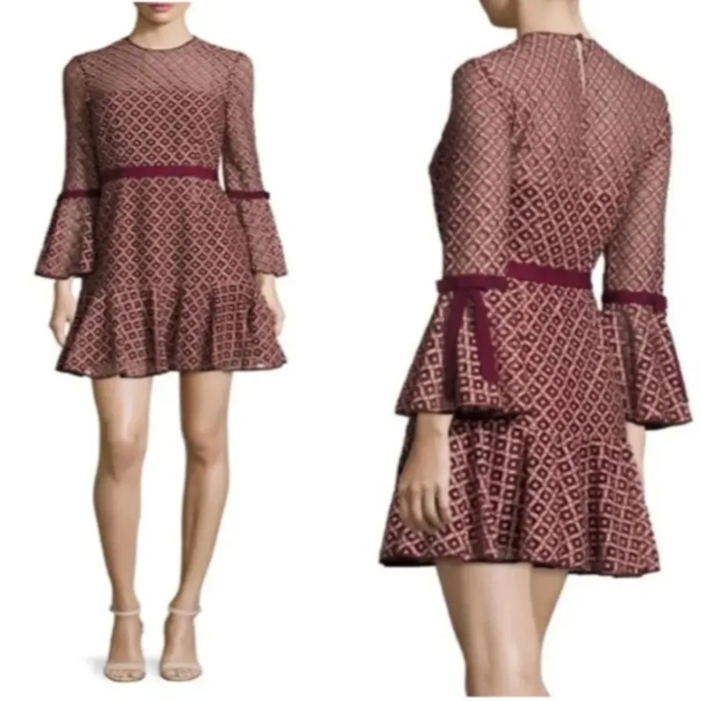 Cinq a Sept Cosette Dress Bell Sleeve Mulberry Pink Lace Overlay Babydoll Size 8 Red - Image 15