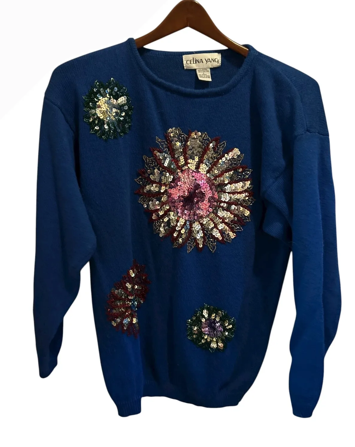 Celina Yang Blue Sequin Embellished Floral Knit Sweater Top Women's Size L Size L - Image 1