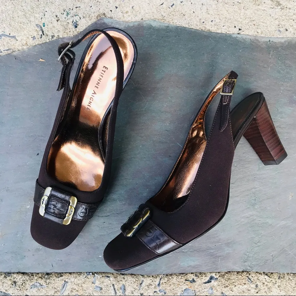 Etienne Aigner Sava sling back brown heels Women’s size 6M Brass Hardware Office - Image 2