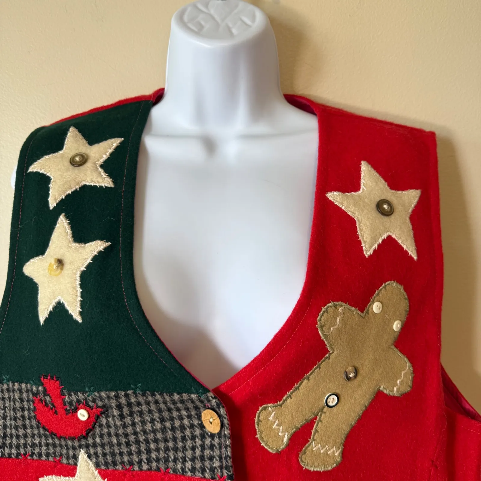 Keren Hart Vintage Christmas‎ Vest Patchwork Holiday Gingerbread Stars Women's L Red Size L - Image 4