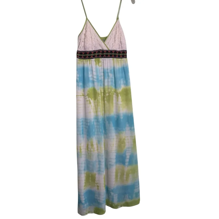 FLYING TOMATO Blue White Green Tie Dye Maxi Dress Size Small Sleeveless Boho - Image 3