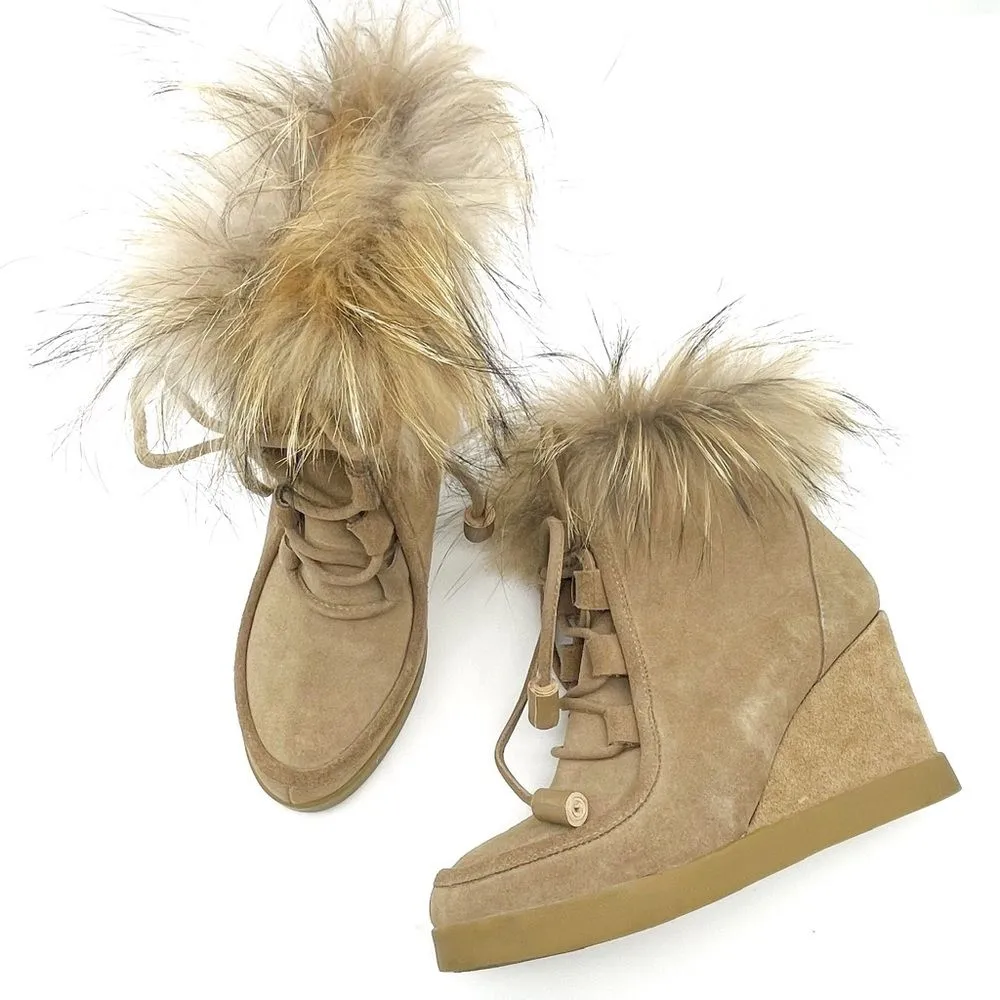 Cecelia New York Holly Wedge Bootie Chestnut Suede Fox Fur Lace Up Boot Size 9 Brown - Image 2