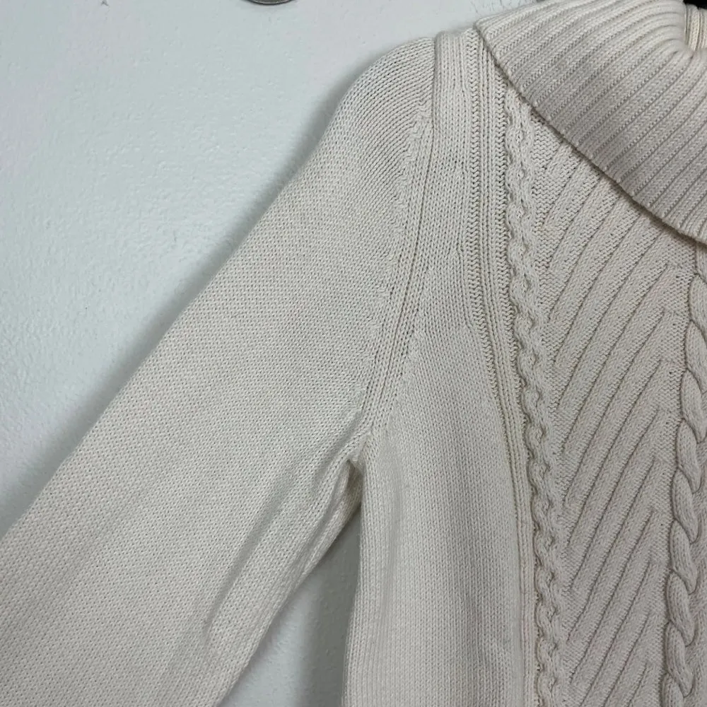 Talbots  Woman's Sz M Cream Cable Knit Fold Over Neck Thick Winter Sweater‎ - Image 6