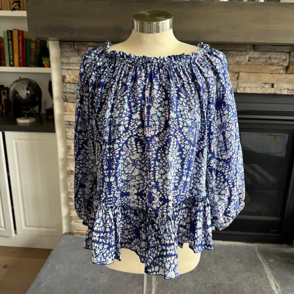 Rebecca Taylor Blue and White Ruffled Blouse with Flutter Sleeves EXCLUSIVE - Image 2