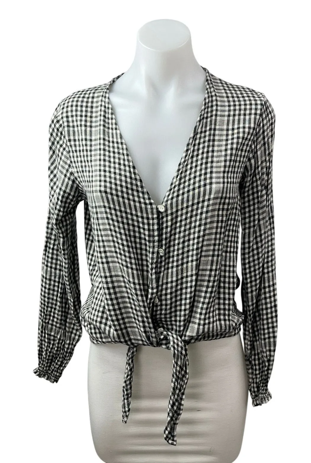 Faherty Women's Black Gingham Check Long Sleeve Tie Button Up Blouse Top XS - Image 1