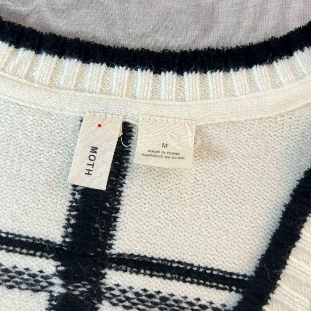 Moth Anthropologie Black White Windowpane Plaid V-Neck Sweater Size Medium - Image 10