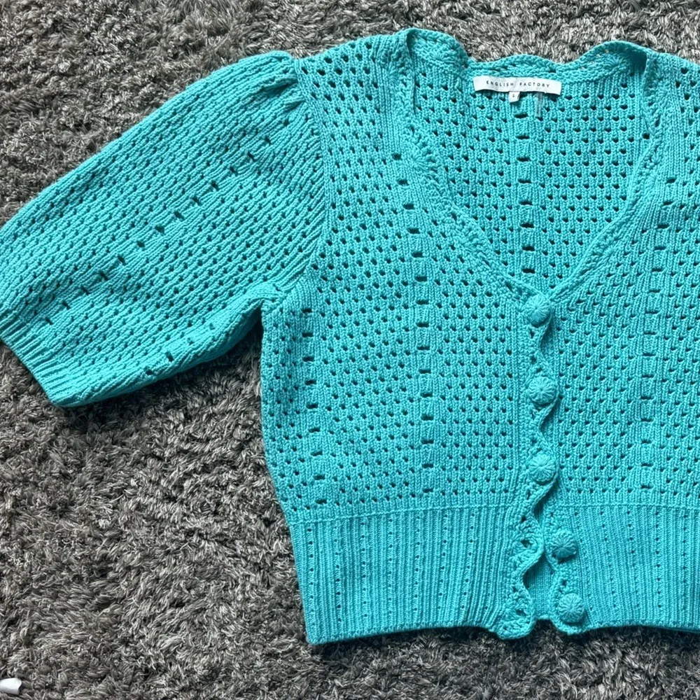 English Factory Pointelle Puff-Sleeve Knit Top – Turquoise – Size L - Image 2