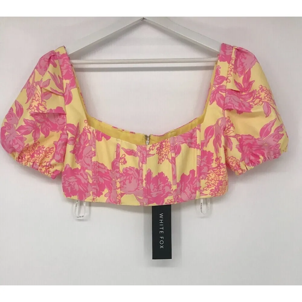 White Fox Boutique White Fox Womens  Top Cropped Floral Boho Off Shoulder White Pink/Yellow Size‎ L - Image 3