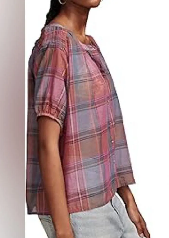 Lucky Brand Women's Yarndyed Smocked Shoulder Blouse Mauve Plaid Plus Size 2X - Image 7