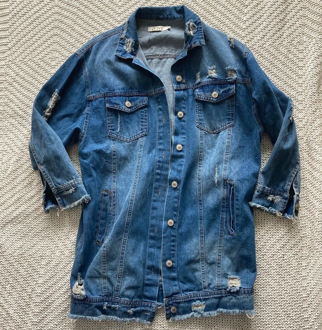 Boohoo Ivivi Lucy Longline Distressed Denim Jacket  - Image 4